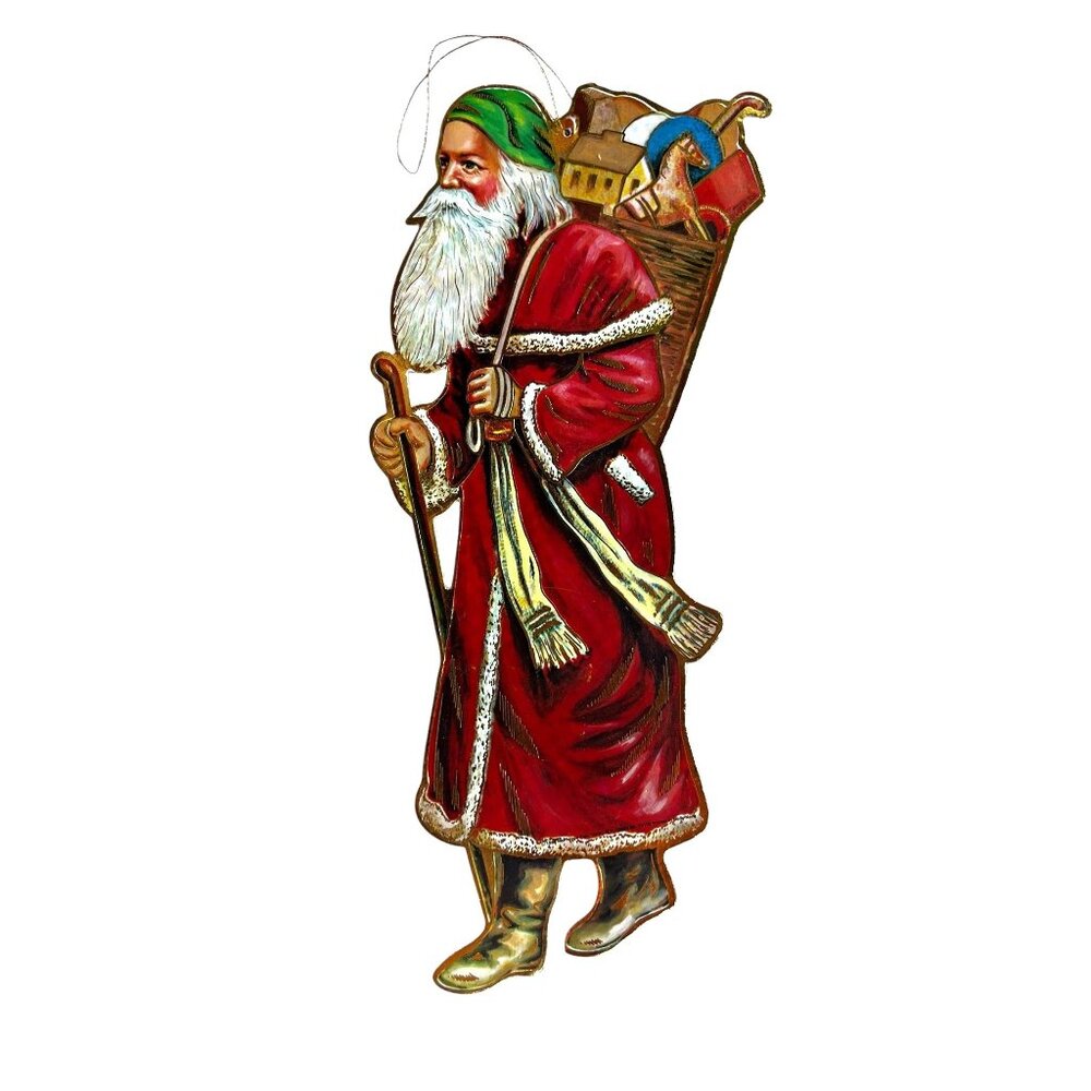 Vintage 80s Victorian Style Santa Claus Christmas Ornament With Sack & Walking S